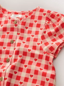 Rood met hartjesprint - Short Sleeve Cotton Dress (3mths-8yrs)