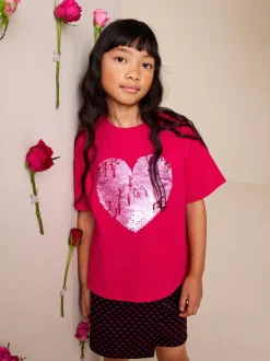 Rood met hartjesprint - T-shirt met lovertjes (3-16 jr)