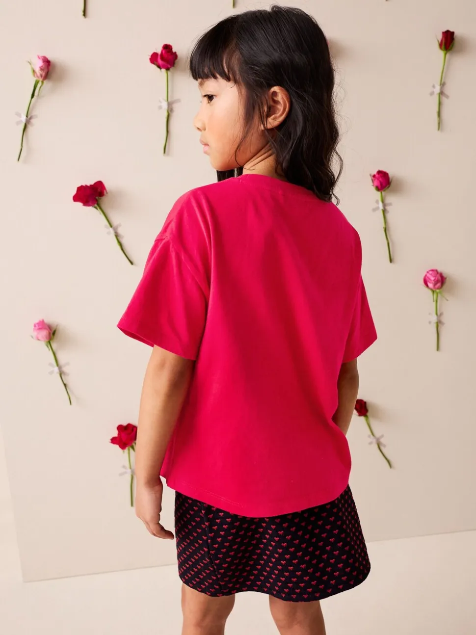 Rood met hartjesprint - T-shirt met lovertjes (3-16 jr)