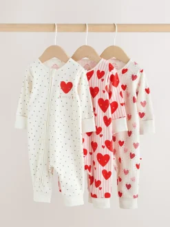 Rood met hartjesprint - Verpakking van 3 babyslaappakjes met tweewegrits (0 mnd - 3 jr)