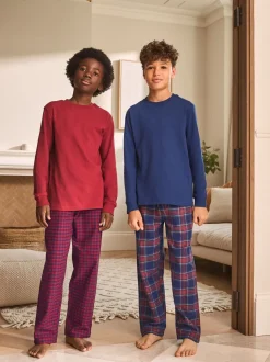 Rood/blauw - Set van 2 geweven geruite pyjama's met lange mouwen (3-16jr)