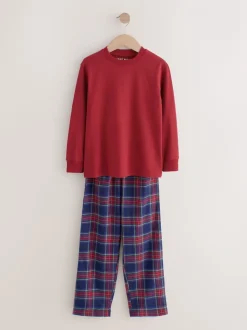 Rood/blauw - Set van 2 geweven geruite pyjama's met lange mouwen (3-16jr)