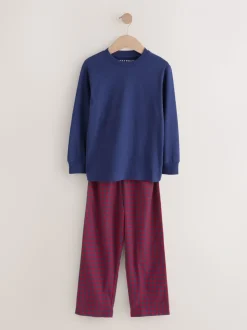 Rood/blauw - Set van 2 geweven geruite pyjama's met lange mouwen (3-16jr)