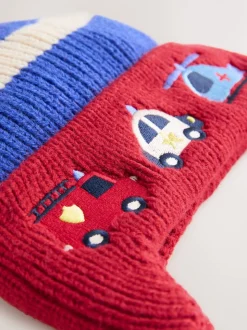 Rood/blauw met hulpvoertuigenprint - Beanie-muts met oorbedekking en pompon (3mnd -10jr)