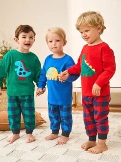 Rood/blauw/groen geruite dinosaurus - Pyjama met geweven onderkant 3 Pack (9mths-12yrs)