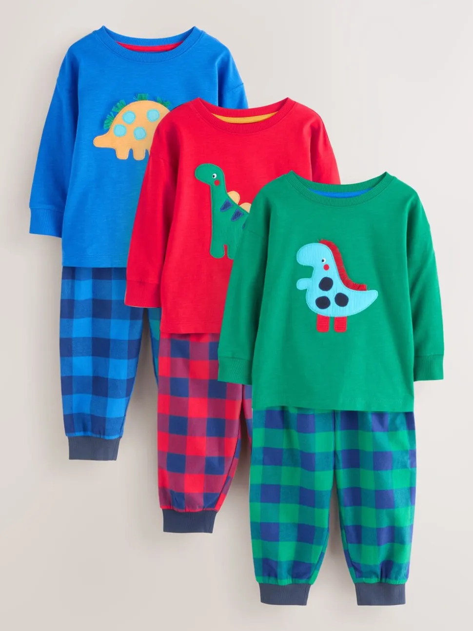 Rood/blauw/groen geruite dinosaurus - Pyjama met geweven onderkant 3 Pack (9mths-12yrs)