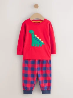 Rood/blauw/groen geruite dinosaurus - Pyjama met geweven onderkant 3 Pack (9mths-12yrs)
