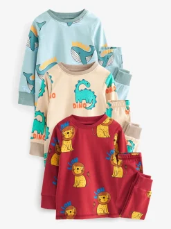 Rood/blauw/neutraal dierenprint - Verpakking van 3 knusse pyjama's (9 mnd-10 jr)
