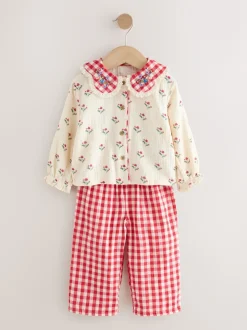 Rood/crèmekleurig - Geweven pyjama met knopen (9 mnd-10 jr)