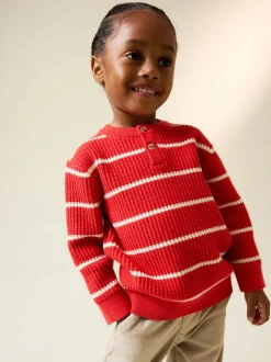 Rood/ecru - Knitted Stripe Henley Jumper (3mths-7yrs)