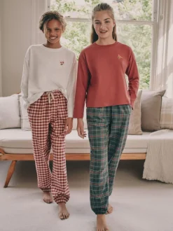 Rood/groen - Set van 2 ruit pyjama's met geweven onderkant (3-16jr)