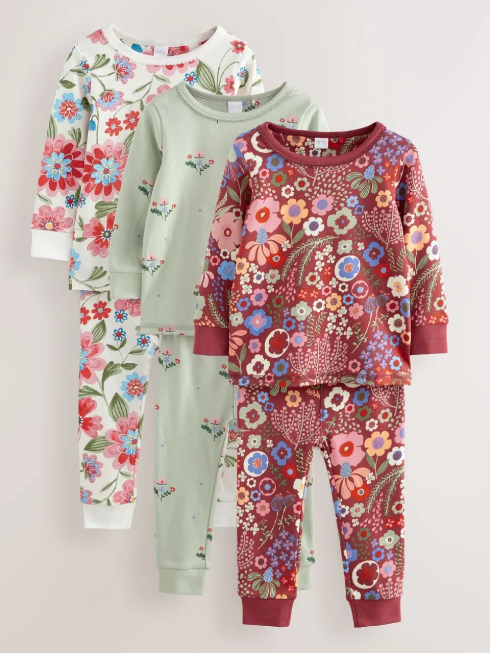 Rood/groen met bloemenprint - Verpakking van 3 knusse pyjama's (9 mnd-10 jr)