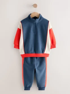 Rood/marineblauw - Set van top met halve rits en joggingbroek (3mnd-7jr)