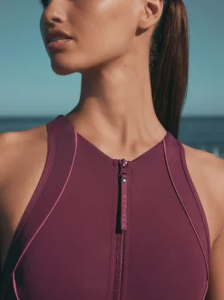 Roodpaars 'Wine' - Active High Neck Tummy Control Swimsuit
