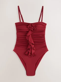 Roodpaars 'Wine' - Tummy Control Frill Bandeau Swimsuit