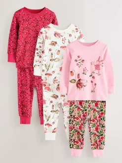 Rood/roze bloemenapplicatie - Verpakking van 3 knusse pyjama's (9 mnd-9 jr)