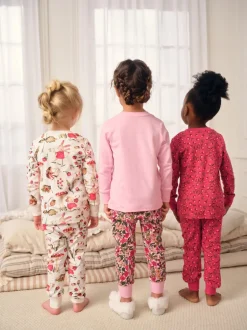 Rood/roze bloemenapplicatie - Verpakking van 3 knusse pyjama's (9 mnd-9 jr)