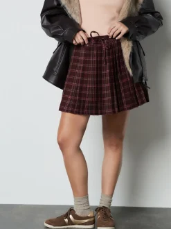 Rood/roze geruit - Pleated Pull On Mini Skirt