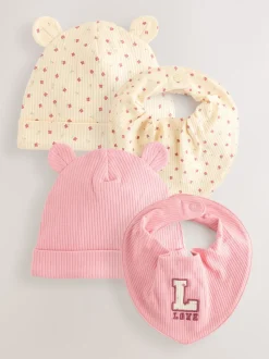 Roze - 4 -delige Baby Muts en Slabbetjes Set (0-18mnd)