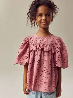 Roze - 100% katoenen broderie blouse met ruches (3-16jaar)