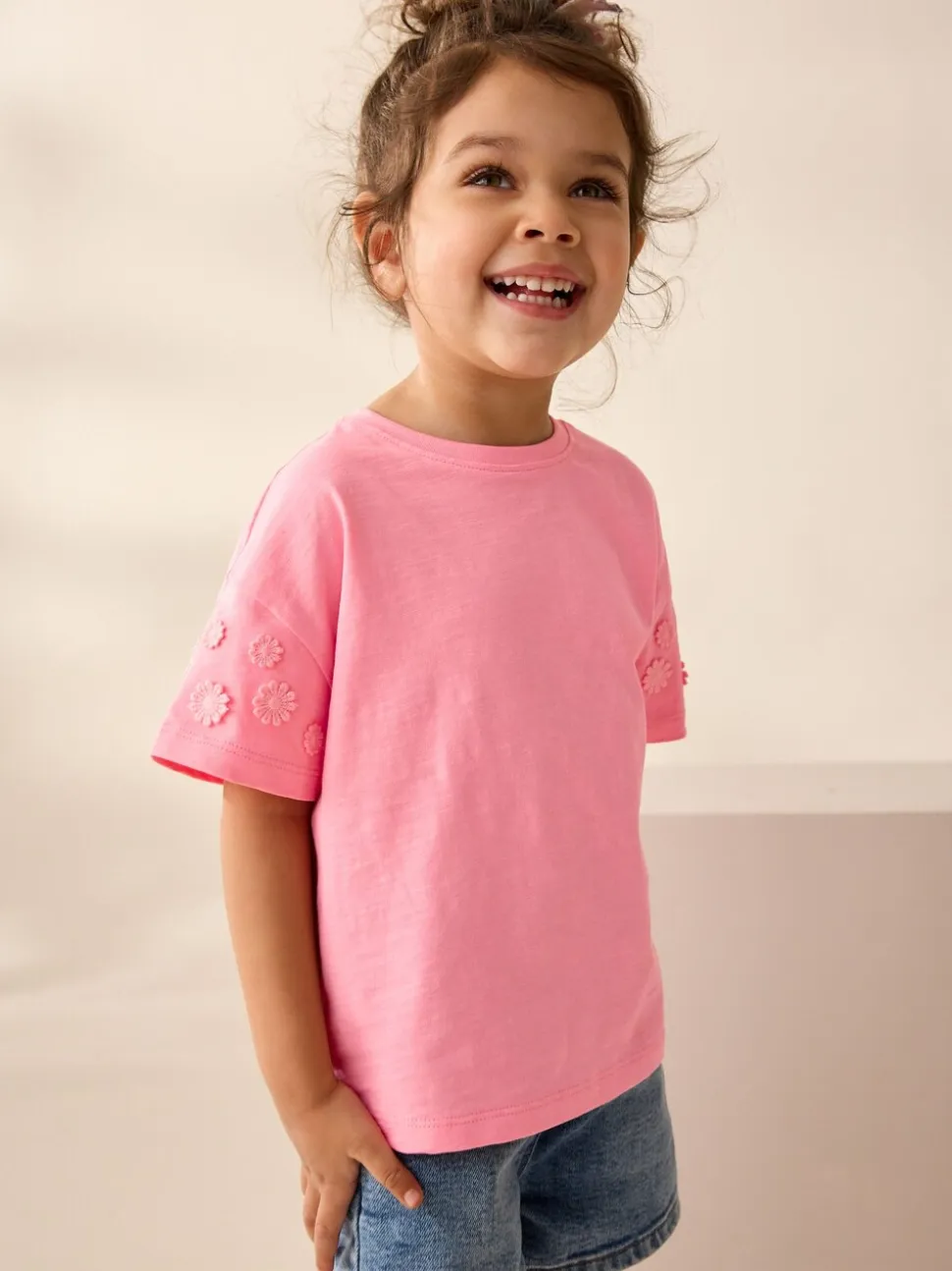 Roze - 100% katoenen T-shirt met korte mouwen en madeliefjesprint (3mnd -7jr)