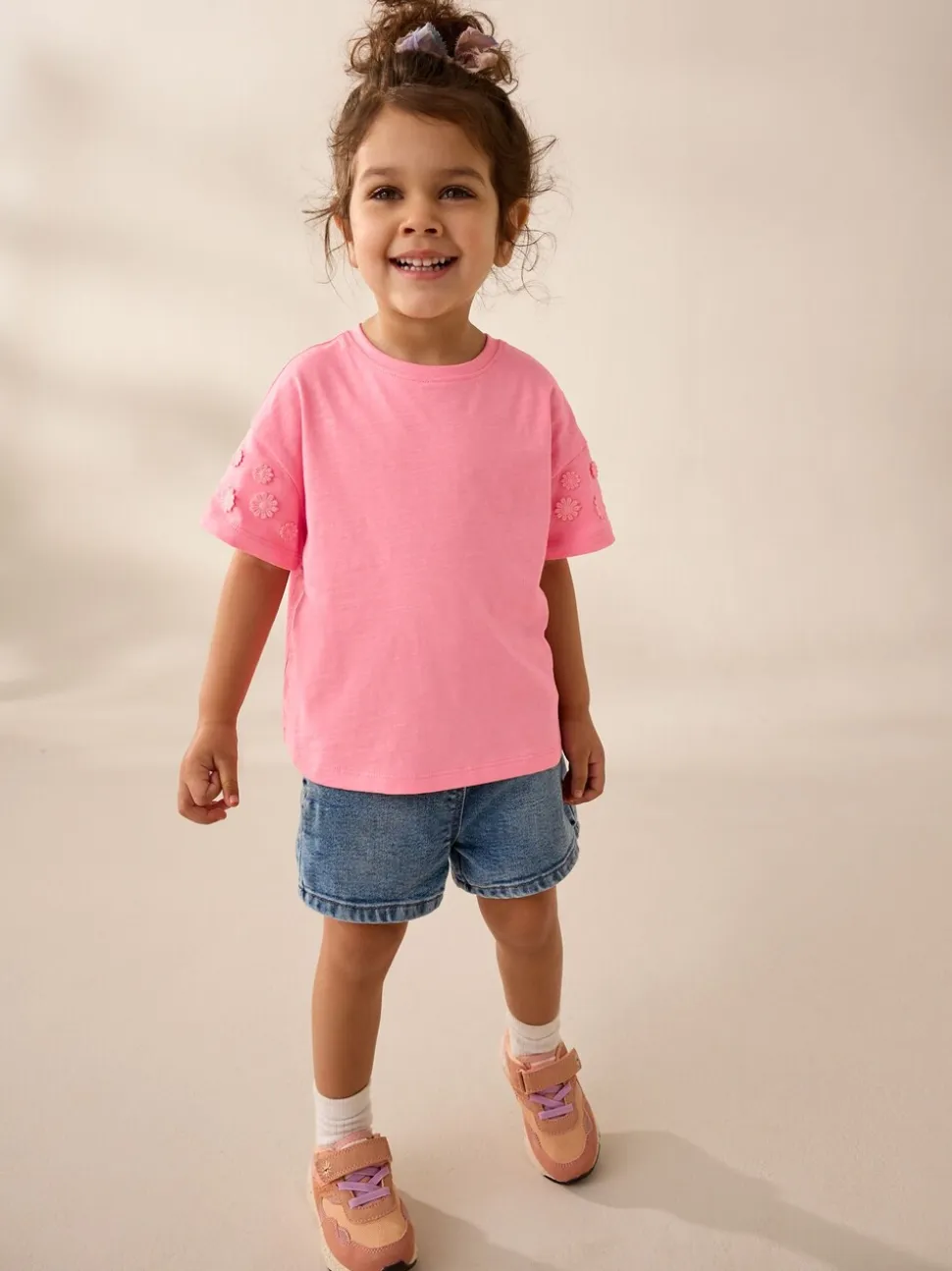 Roze - 100% katoenen T-shirt met korte mouwen en madeliefjesprint (3mnd -7jr)