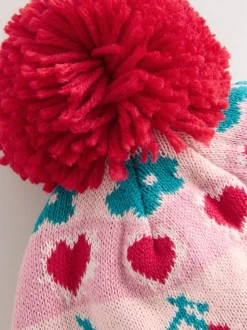 Roze - Baby gebreide Hoed met kersen Fairisle-patroon en pompon (0mnd -2jr)