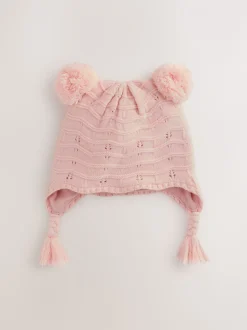 Roze - Baby Pointelle Pilotenmuts met Dubbele Pompon (0mnd-2jr)