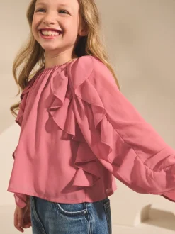 Roze - Blouse met lange mouwen en ruches (3-16jr)