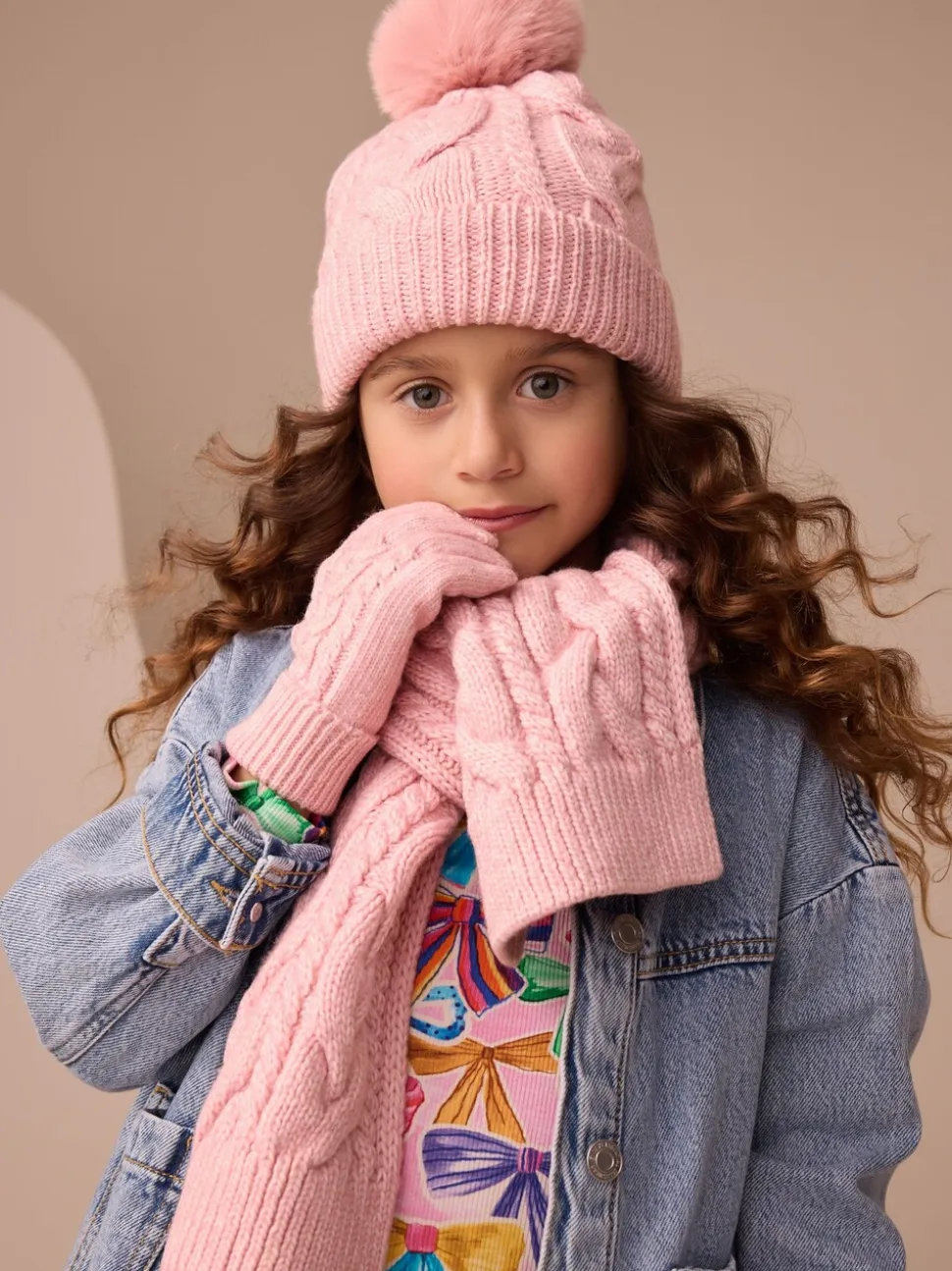Roze - Kabelmuts, sjaal en handschoenenset (3-16jr)