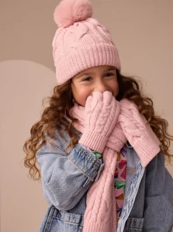 Roze - Kabelmuts, sjaal en handschoenenset (3-16jr)