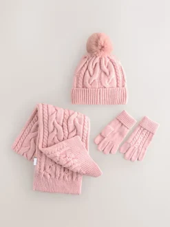 Roze - Kabelmuts, sjaal en handschoenenset (3-16jr)
