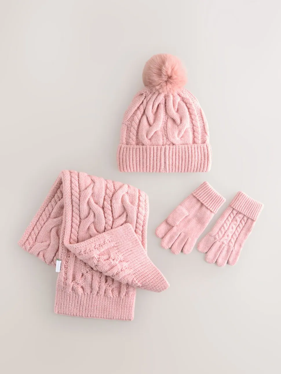 Roze - Kabelmuts, sjaal en handschoenenset (3-16jr)