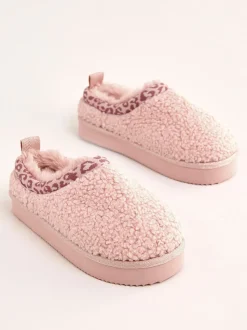 Roze - Lipsy EVA pantoffels met luipaardprint afwerking, borg en fluffy slip-on Klomp