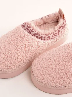 Roze - Lipsy EVA pantoffels met luipaardprint afwerking, borg en fluffy slip-on Klomp