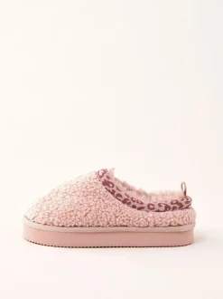 Roze - Lipsy EVA pantoffels met luipaardprint afwerking, borg en fluffy slip-on Klomp