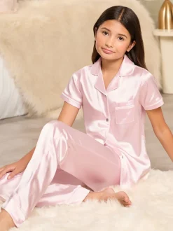 Roze - Lipsy satijnen hemd en pyjamaset met lange pijpen (5-16jaar)