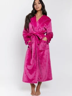 Roze - Loungeable Christmas Ribbon Trim Luxury Fleece Hooded Maxi Robe