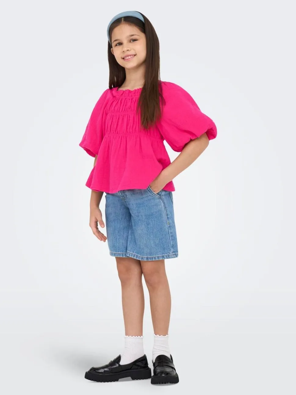 Roze - ONLY KIDS Textured Short Sleeve Puff Sleeve Blouse