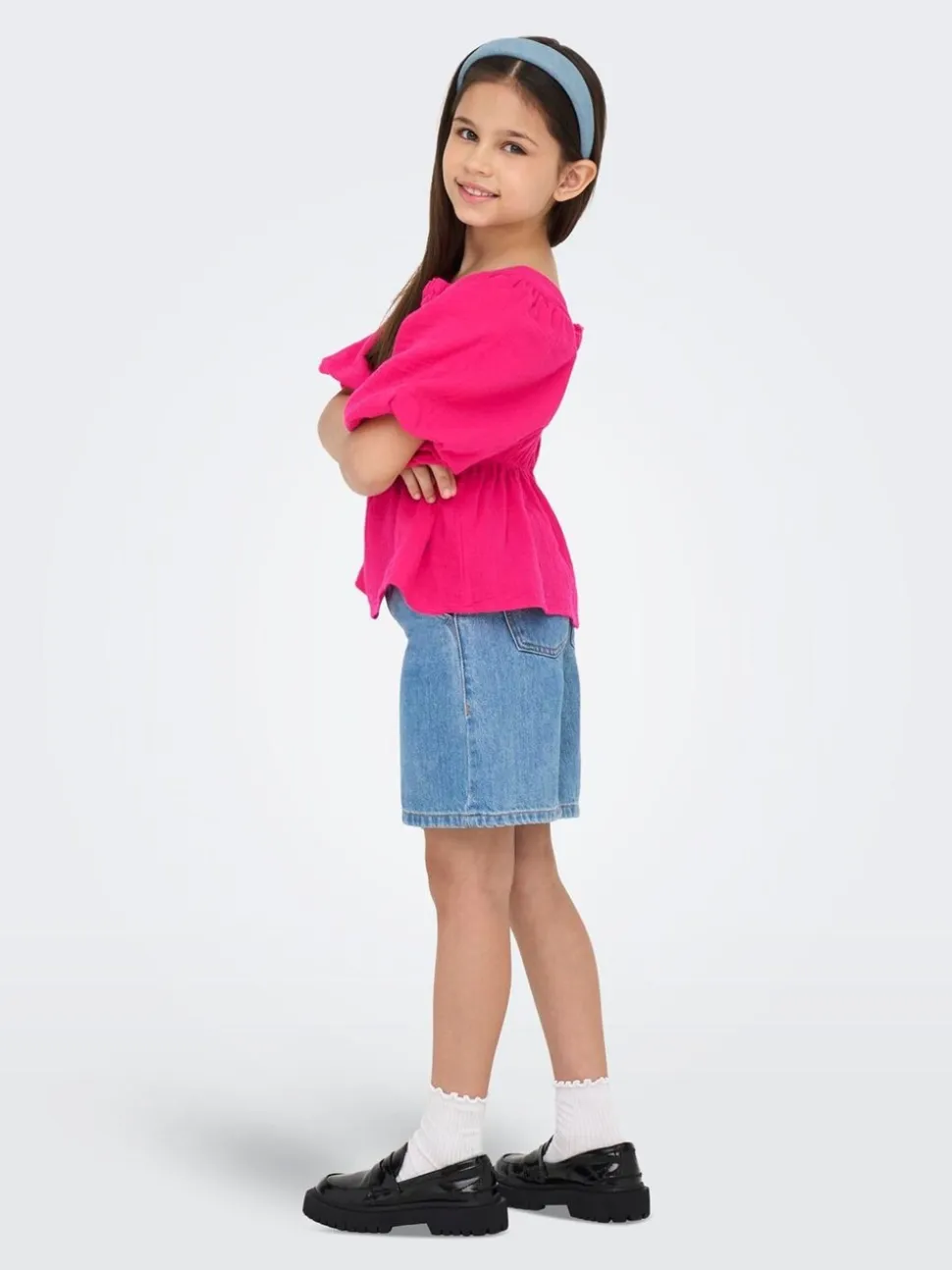 Roze - ONLY KIDS Textured Short Sleeve Puff Sleeve Blouse