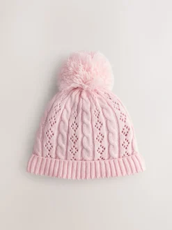 Roze - Pointelle kabelgebreide muts met pompon (0mnd-2jr)