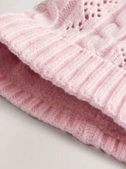 Roze - Pointelle kabelgebreide muts met pompon (0mnd-2jr)