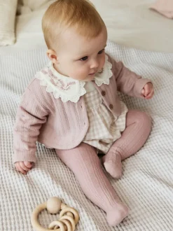 Roze - Rompertje met lange mouwen, bodysuit, vest en panty 4 -delige set (0maanden -2jaar)