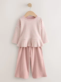 Roze - Set met geribbelde top met lange mouwen en broek met wijde pijpen (3mnd-7jr)