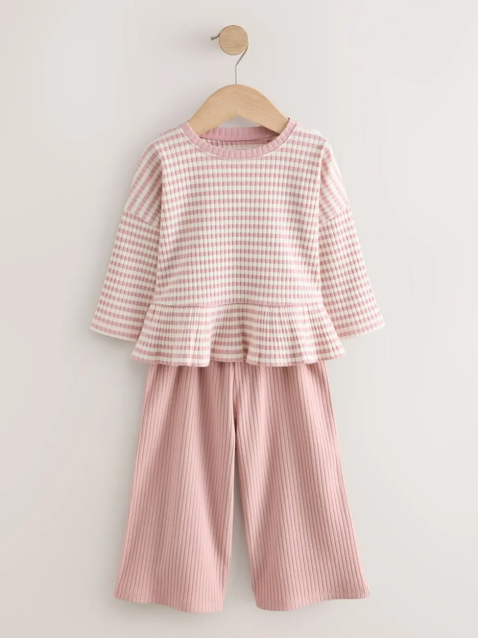 Roze - Set met geribbelde top met lange mouwen en broek met wijde pijpen (3mnd-7jr)