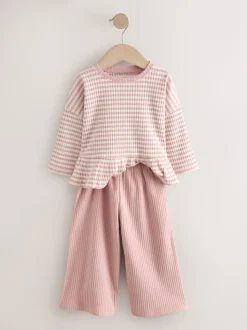 Roze - Set met geribbelde top met lange mouwen en broek met wijde pijpen (3mnd-7jr)