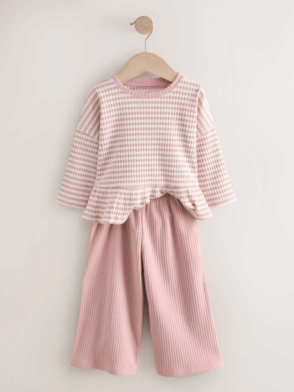 Roze - Set met geribbelde top met lange mouwen en broek met wijde pijpen (3mnd-7jr)