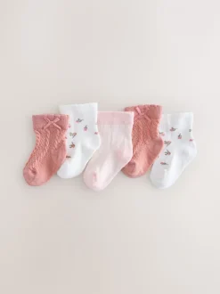 Roze - Set van 5 paar babysokken met kabelpatroon met madeliefjesprint (0mnd-2jr)