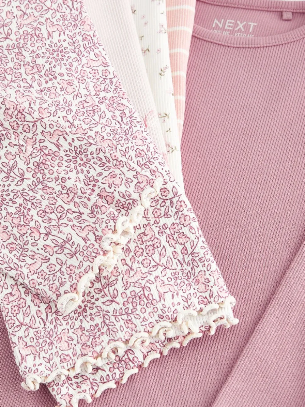 Roze - Verpakking van 5 geribbelde tops met lange mouwen (3mnd -7jaar)