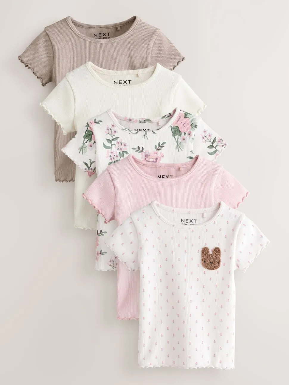 Roze - Verpakking van 5 geribbelde tops met korte mouwen (3mnd -7jaar)